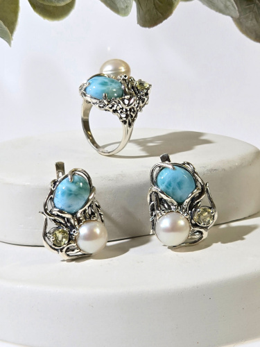 Серебряные серьги ETERI с ларимаром, лимонным кварцем и жемчугом